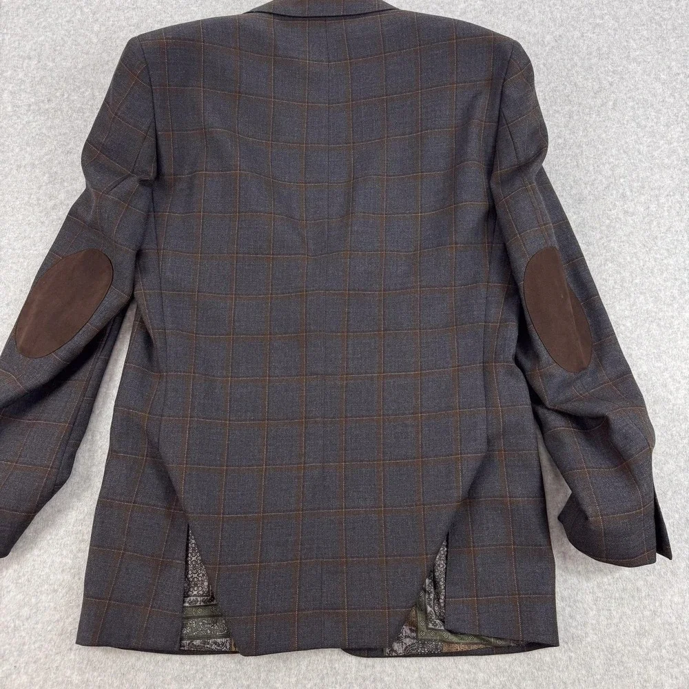 Tallia Blazer Mens 40L Gray Plaid 100% Wool Elbow Patch Sport Coat Jacket Office